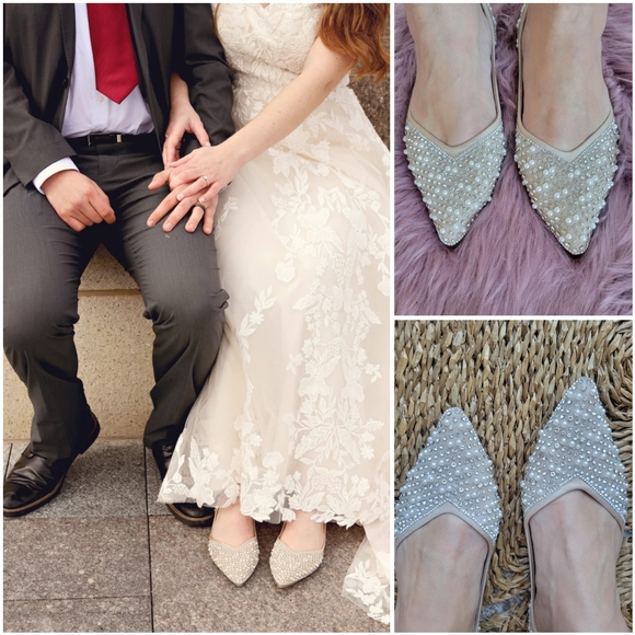 NIB Beige Rhinestone Pearl Jewels Gem Sparkly Pointed Party Flats Shoes 10.5 - Picture 11 of 17